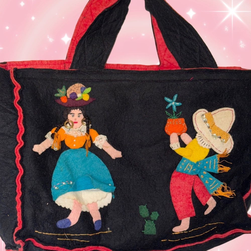 Vintage Mexican Folk Art Felt Tote Bag